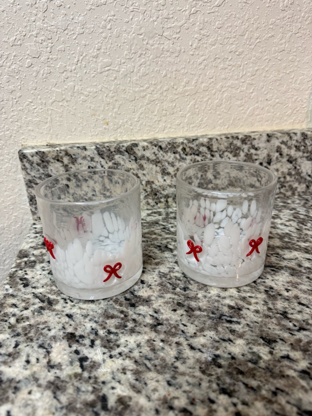 Set of 2 Frosted Glass Tumblers with Red Bow Accents